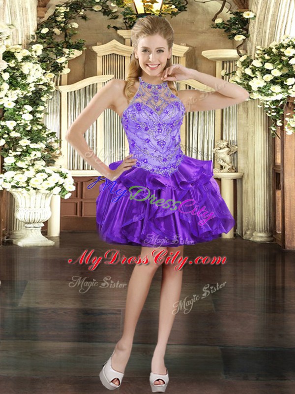 Purple Three Pieces Beading and Ruffles Quince Ball Gowns Lace Up Organza Sleeveless Floor Length