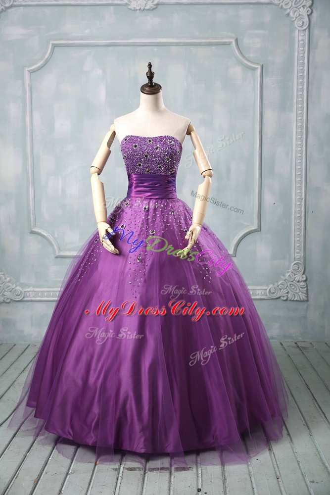 Tulle Strapless Sleeveless Lace Up Beading Vestidos de Quinceanera in Eggplant Purple and Purple