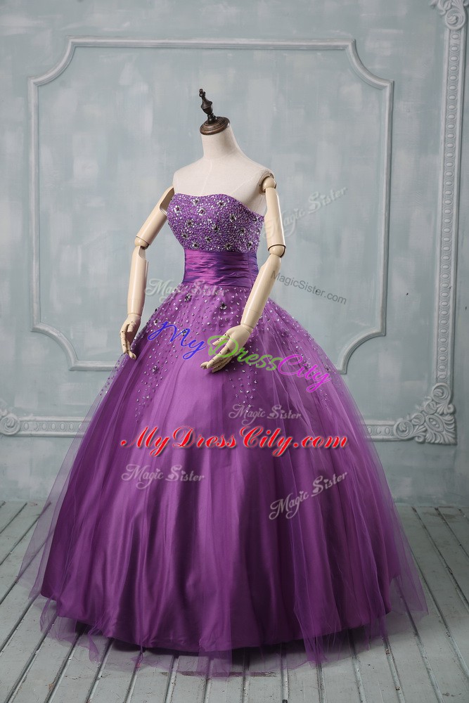 Tulle Strapless Sleeveless Lace Up Beading Vestidos de Quinceanera in Eggplant Purple and Purple