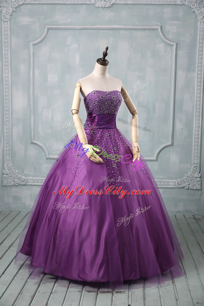 Tulle Strapless Sleeveless Lace Up Beading Vestidos de Quinceanera in Eggplant Purple and Purple