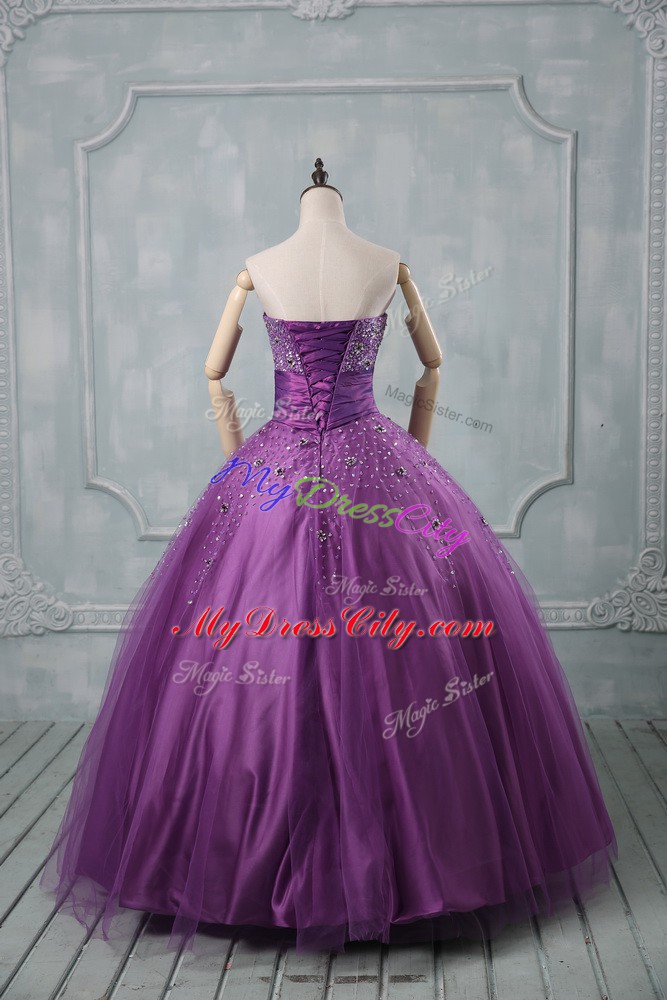 Tulle Strapless Sleeveless Lace Up Beading Vestidos de Quinceanera in Eggplant Purple and Purple