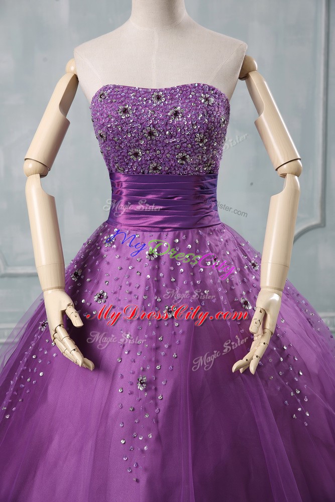 Tulle Strapless Sleeveless Lace Up Beading Vestidos de Quinceanera in Eggplant Purple and Purple