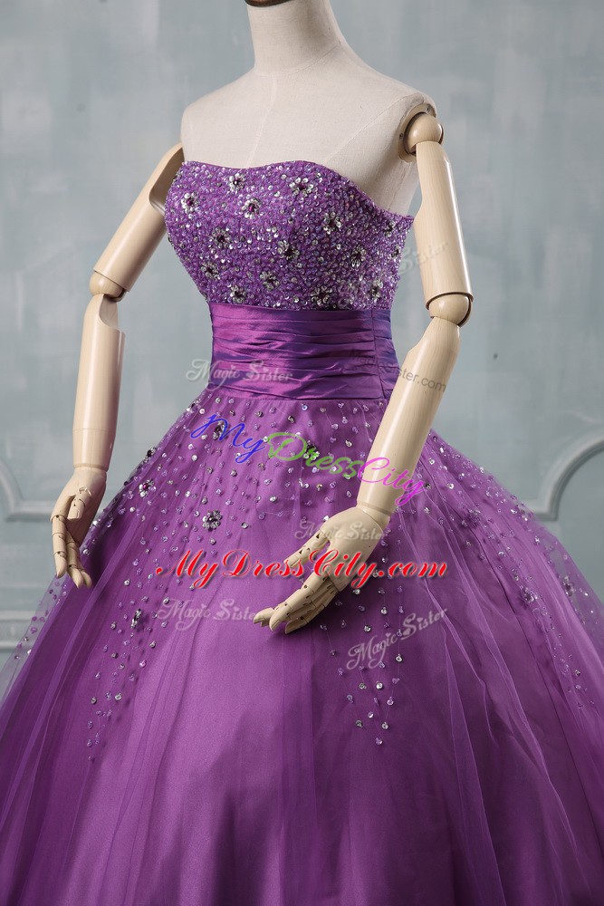 Tulle Strapless Sleeveless Lace Up Beading Vestidos de Quinceanera in Eggplant Purple and Purple