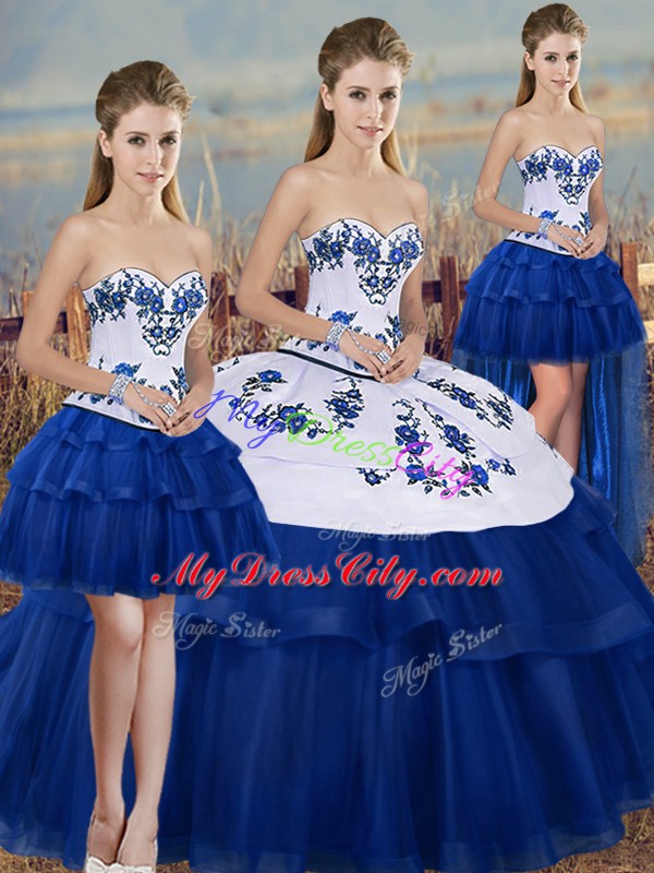 Royal Blue Sleeveless Floor Length Embroidery and Bowknot Lace Up 15 Quinceanera Dress