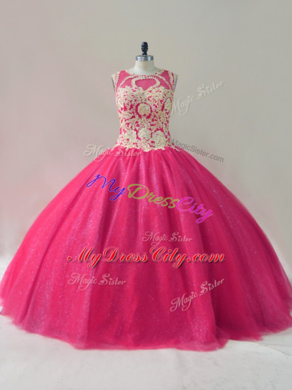 High Quality Sleeveless Floor Length Appliques Lace Up 15th Birthday Dress with Hot Pink