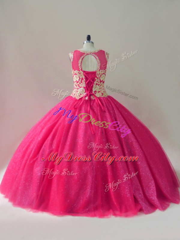 High Quality Sleeveless Floor Length Appliques Lace Up 15th Birthday Dress with Hot Pink