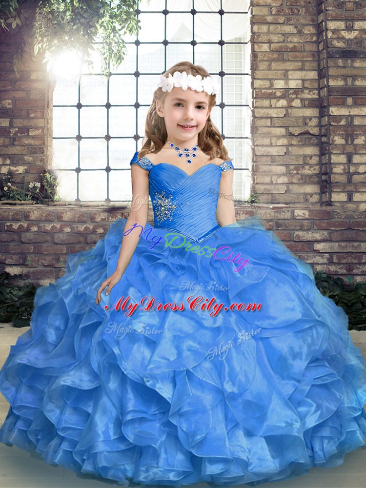 Custom Design Blue Lace Up Straps Beading and Ruffles and Ruching Little Girls Pageant Dress Wholesale Organza Sleeveless