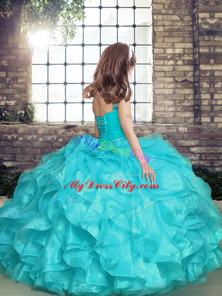 Custom Design Blue Lace Up Straps Beading and Ruffles and Ruching Little Girls Pageant Dress Wholesale Organza Sleeveless