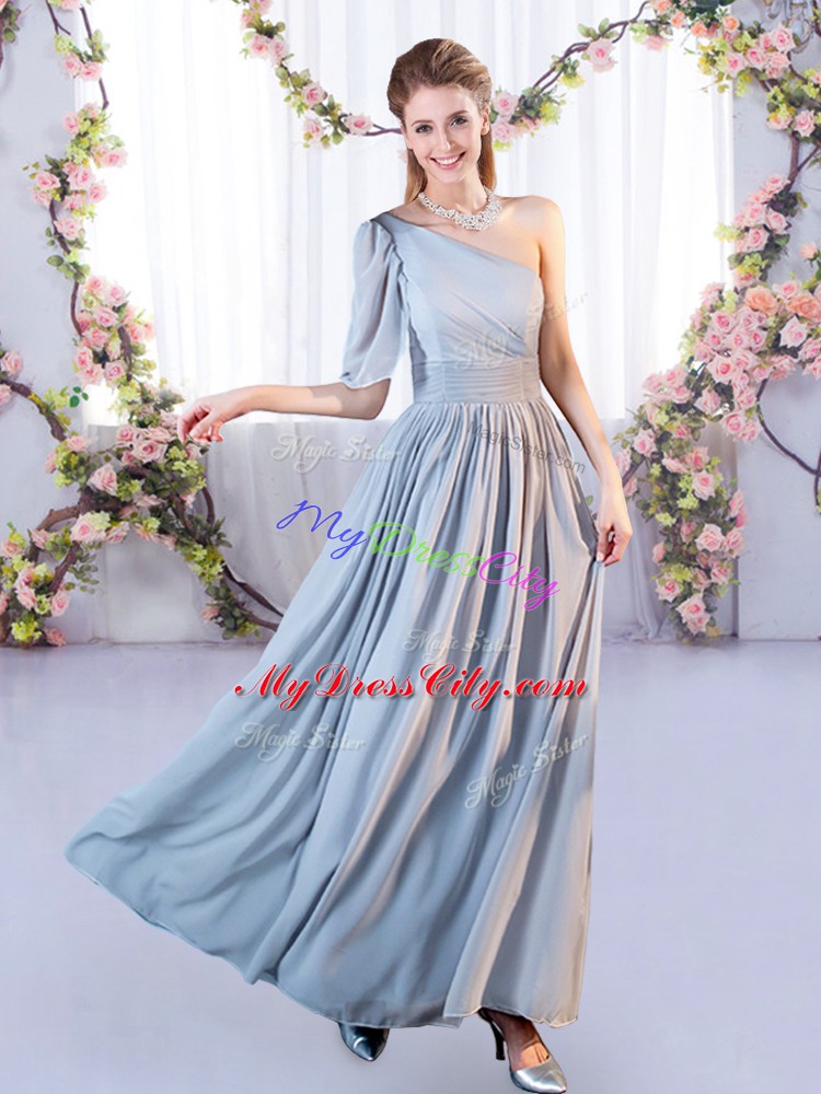 Floor Length Grey Bridesmaid Dresses One Shoulder Sleeveless Lace Up