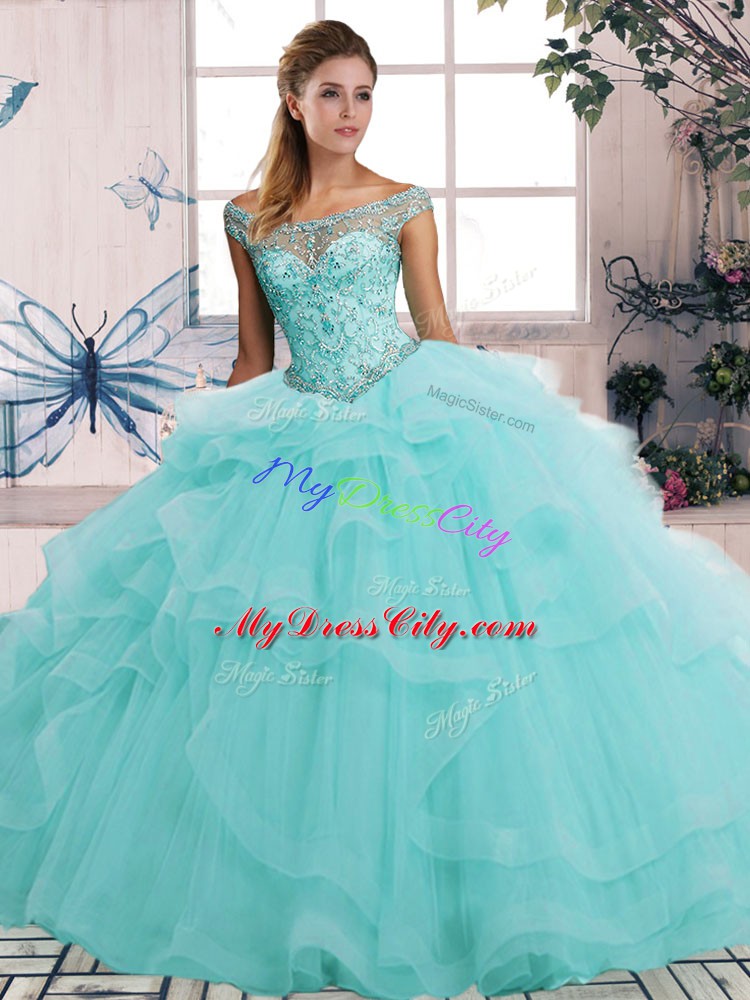 Luxurious Sleeveless Floor Length Beading and Ruffles Lace Up 15 Quinceanera Dress with Aqua Blue