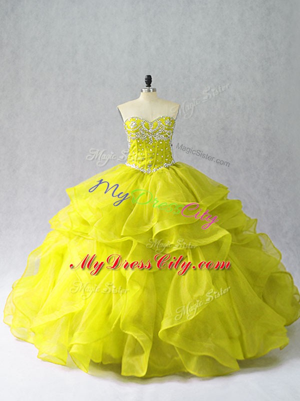 Low Price Yellow Green Ball Gowns Organza Sweetheart Sleeveless Beading and Ruffles Floor Length Lace Up Sweet 16 Dress