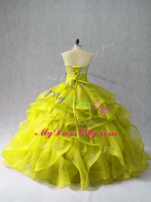 Low Price Yellow Green Ball Gowns Organza Sweetheart Sleeveless Beading and Ruffles Floor Length Lace Up Sweet 16 Dress