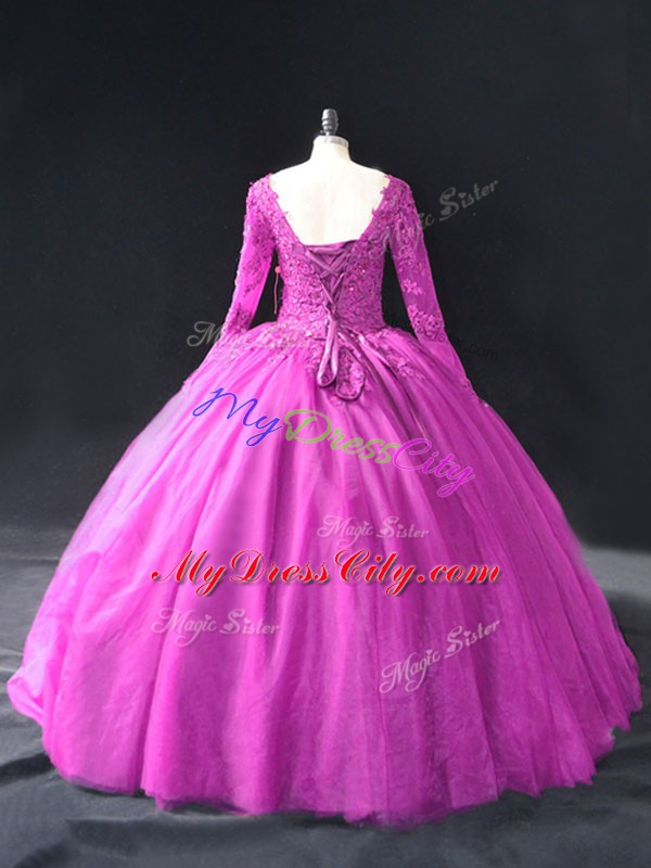 Floor Length Fuchsia Sweet 16 Dress V-neck Long Sleeves Lace Up