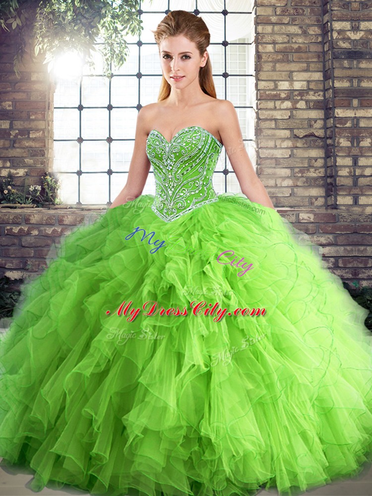 Pretty Ball Gowns Beading and Ruffles Vestidos de Quinceanera Lace Up Tulle Sleeveless Floor Length