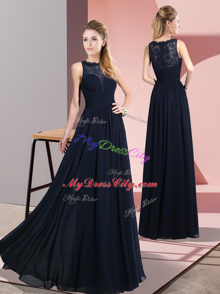 Custom Fit Floor Length Zipper Dress for Prom Navy Blue for Prom and Party with Lace