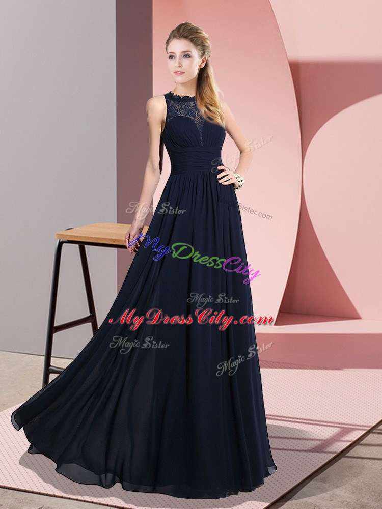 Custom Fit Floor Length Zipper Dress for Prom Navy Blue for Prom and Party with Lace