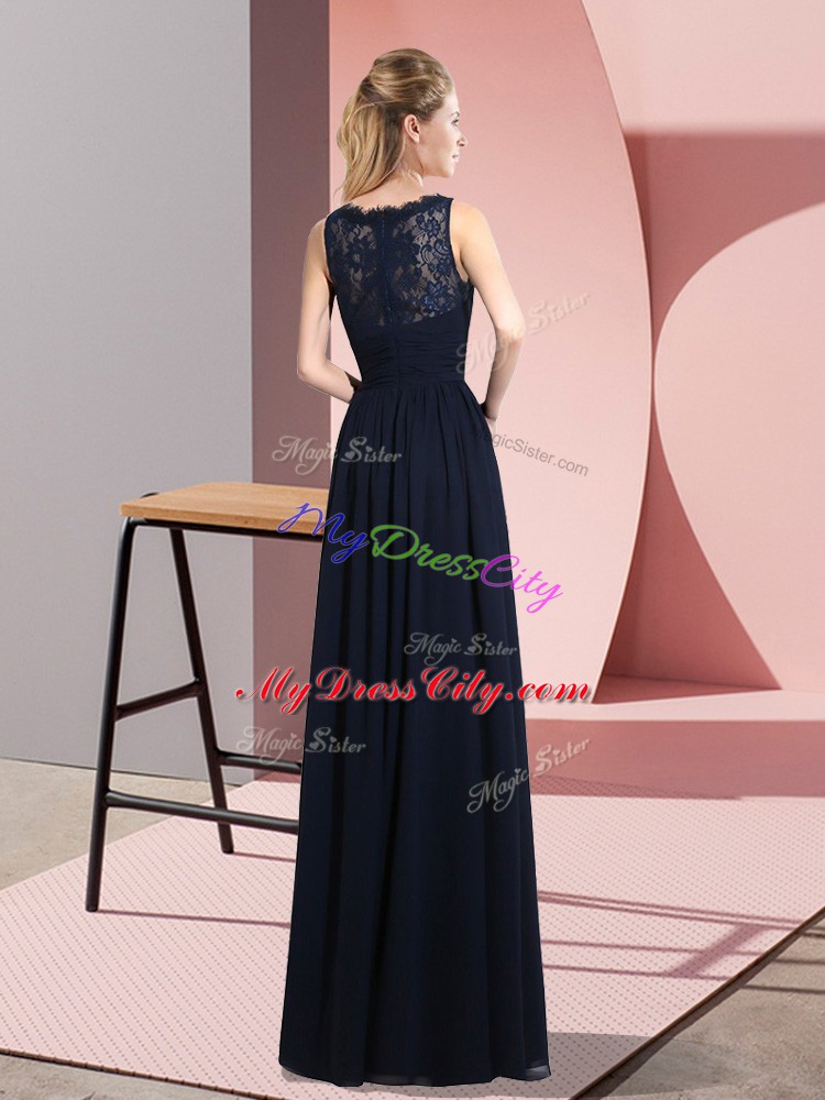 Custom Fit Floor Length Zipper Dress for Prom Navy Blue for Prom and Party with Lace