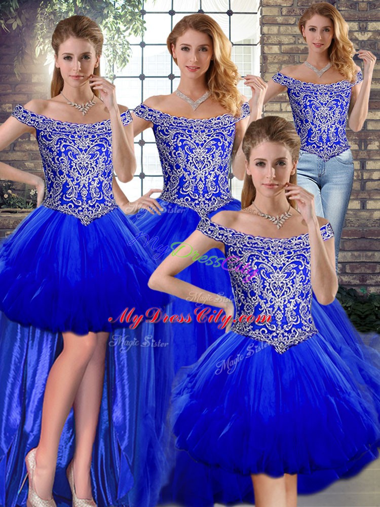 Royal Blue Off The Shoulder Neckline Beading and Ruffles Vestidos de Quinceanera Sleeveless Lace Up