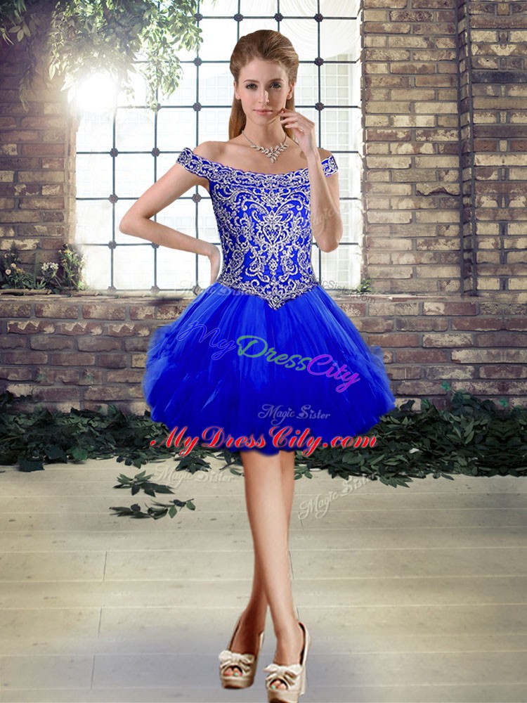 Royal Blue Off The Shoulder Neckline Beading and Ruffles Vestidos de Quinceanera Sleeveless Lace Up