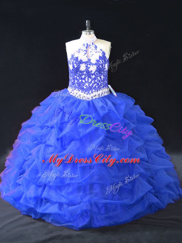 Chic Floor Length Backless Quinceanera Gowns Blue for Sweet 16 and Quinceanera with Beading and Appliques