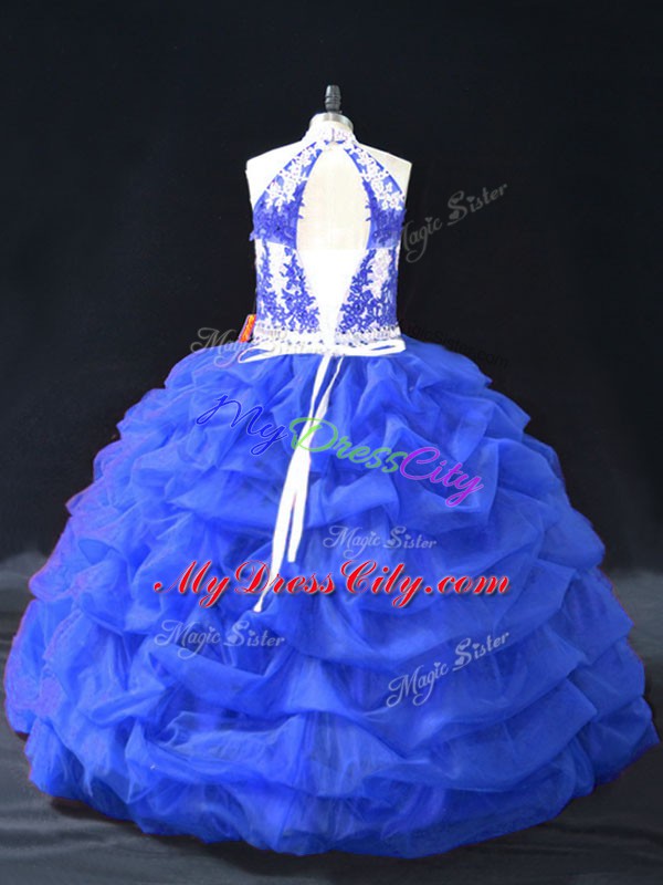 Chic Floor Length Backless Quinceanera Gowns Blue for Sweet 16 and Quinceanera with Beading and Appliques