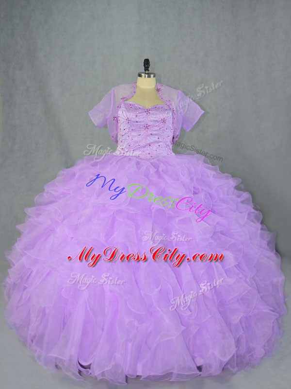 High Class Sleeveless Organza Asymmetrical Side Zipper Quinceanera Gown in Lavender with Beading and Ruffles