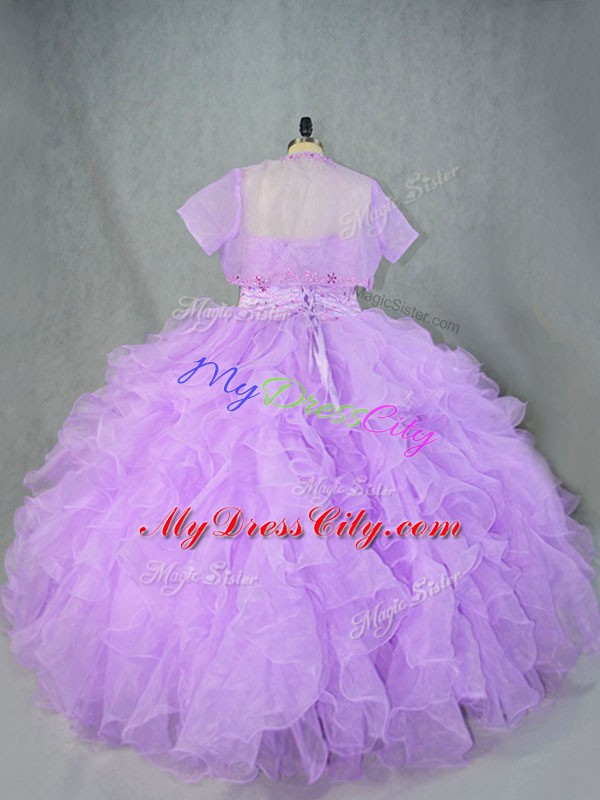 High Class Sleeveless Organza Asymmetrical Side Zipper Quinceanera Gown in Lavender with Beading and Ruffles