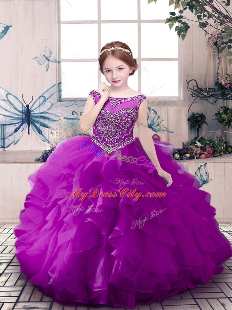 New Arrival Scoop Sleeveless Organza Kids Formal Wear Beading and Ruffles Zipper