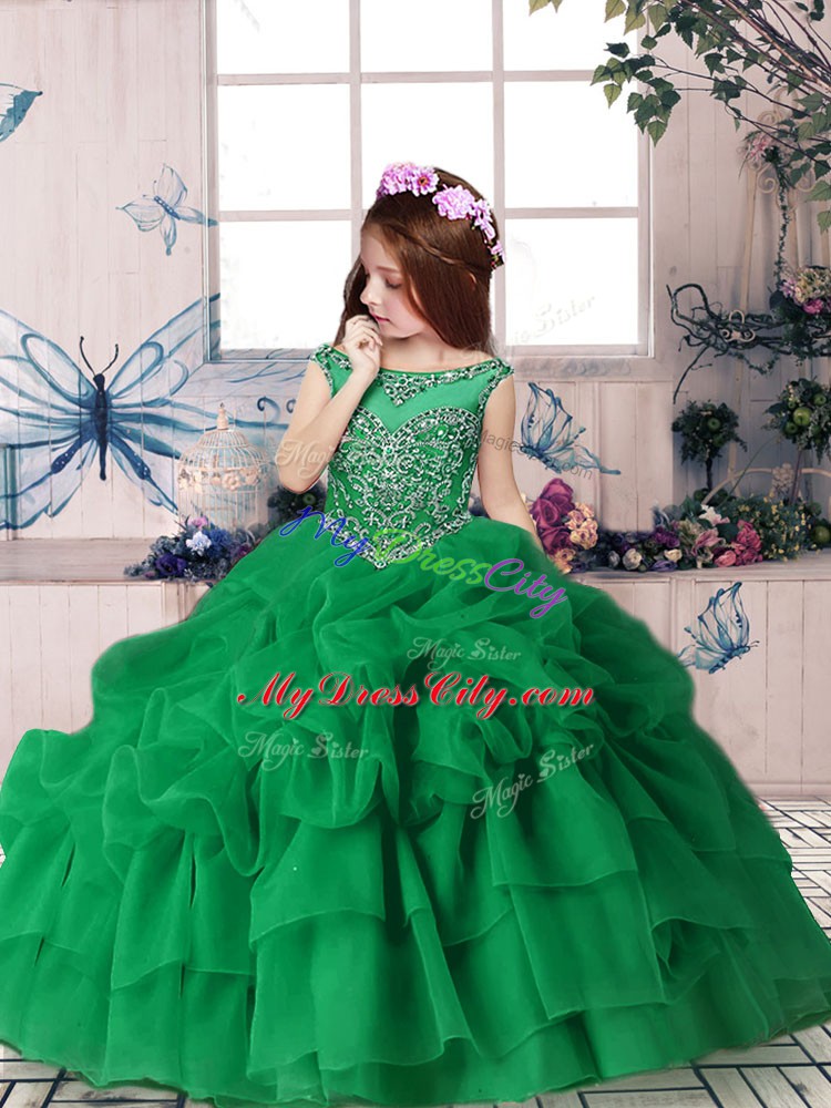 Custom Made Sleeveless Organza Floor Length Zipper Pageant Dress for Womens in Green with Beading and Pick Ups