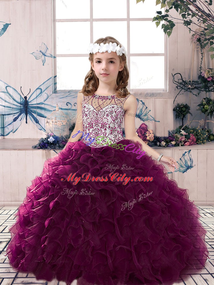 Charming Dark Purple Sleeveless Floor Length Beading and Ruffles Lace Up Pageant Dress