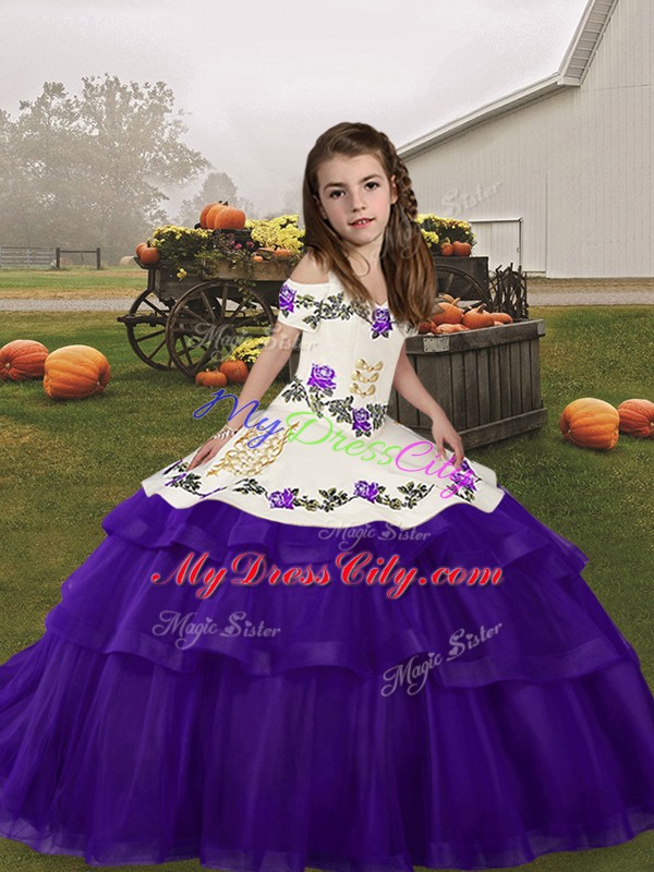 Glorious Floor Length Lace Up Child Pageant Dress Purple for Party and Wedding Party with Embroidery and Ruffled Layers