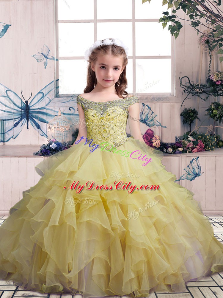 Customized Yellow Off The Shoulder Lace Up Beading and Ruffles Little Girl Pageant Dress Sleeveless