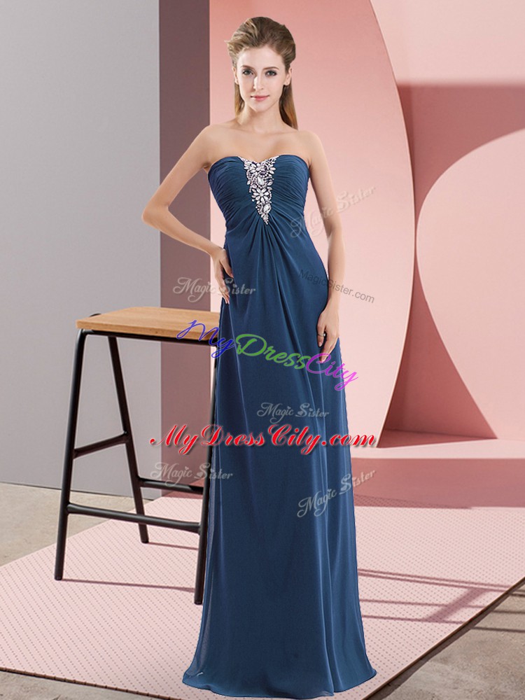 Customized Sleeveless Floor Length Beading Zipper Prom Evening Gown with Navy Blue