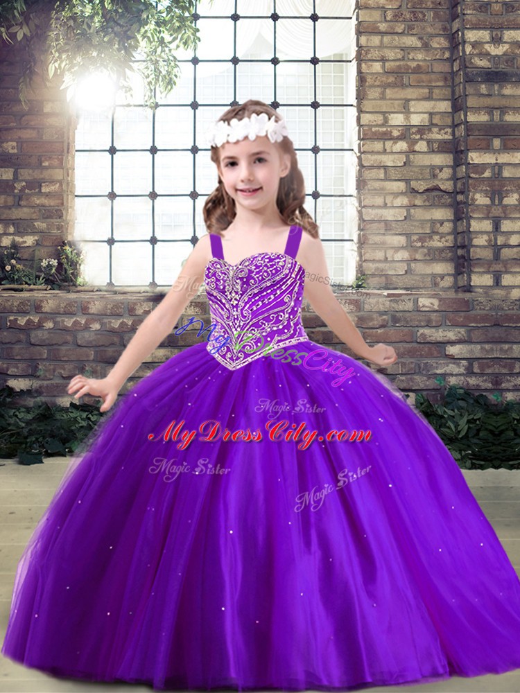 Purple Ball Gowns Straps Sleeveless Tulle Floor Length Lace Up Beading Pageant Dress for Girls