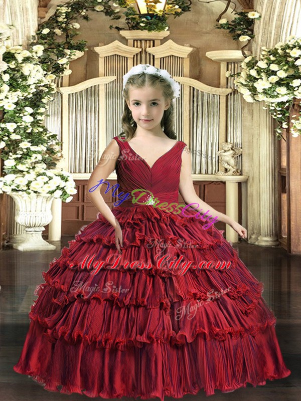 Red Sleeveless Floor Length Beading and Ruffled Layers Backless High School Pageant Dress