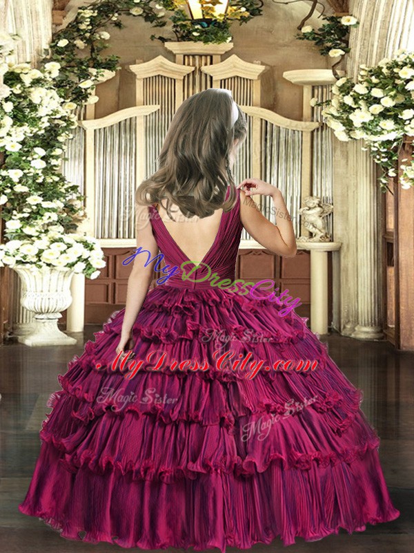 Red Sleeveless Floor Length Beading and Ruffled Layers Backless High School Pageant Dress