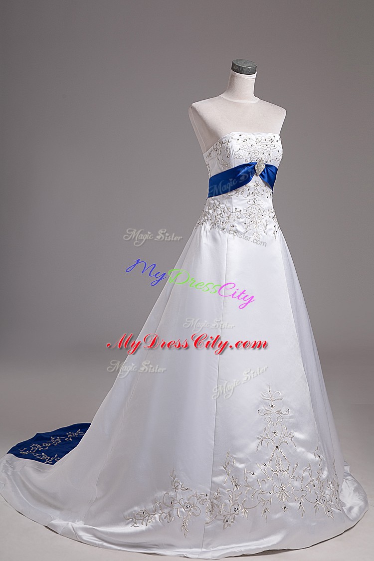 Beading and Embroidery Wedding Gown White Lace Up Sleeveless Brush Train