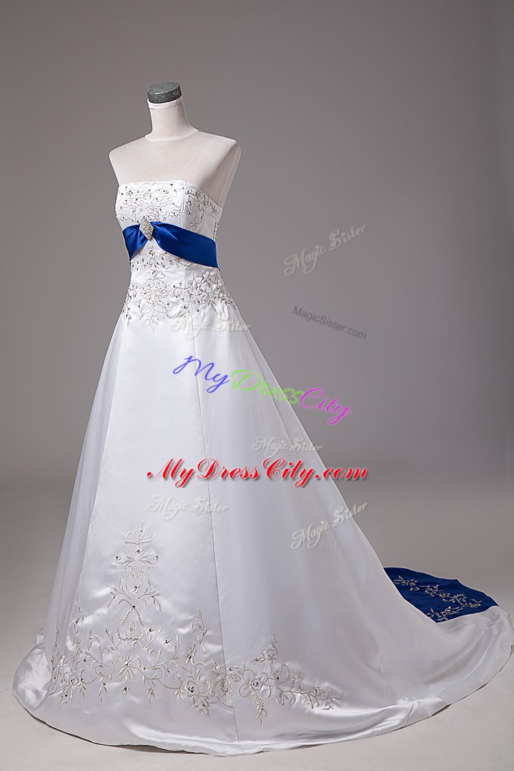 Beading and Embroidery Wedding Gown White Lace Up Sleeveless Brush Train