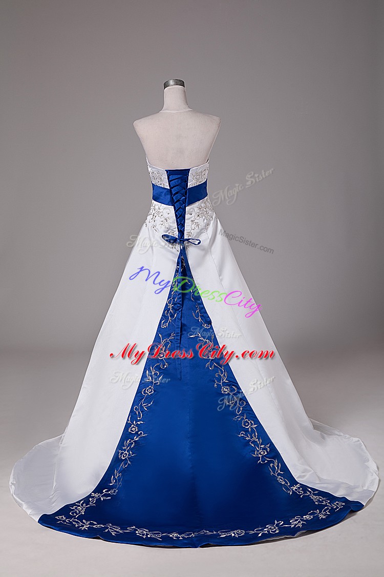 Beading and Embroidery Wedding Gown White Lace Up Sleeveless Brush Train