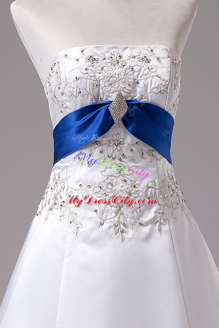 Beading and Embroidery Wedding Gown White Lace Up Sleeveless Brush Train