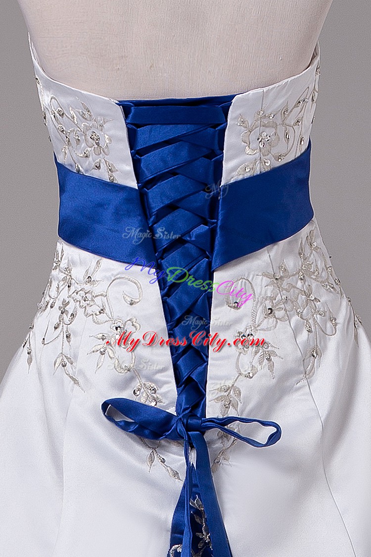 Beading and Embroidery Wedding Gown White Lace Up Sleeveless Brush Train