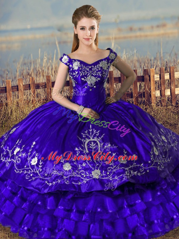 Exquisite Floor Length Purple Ball Gown Prom Dress Satin and Organza Sleeveless Embroidery and Ruffled Layers