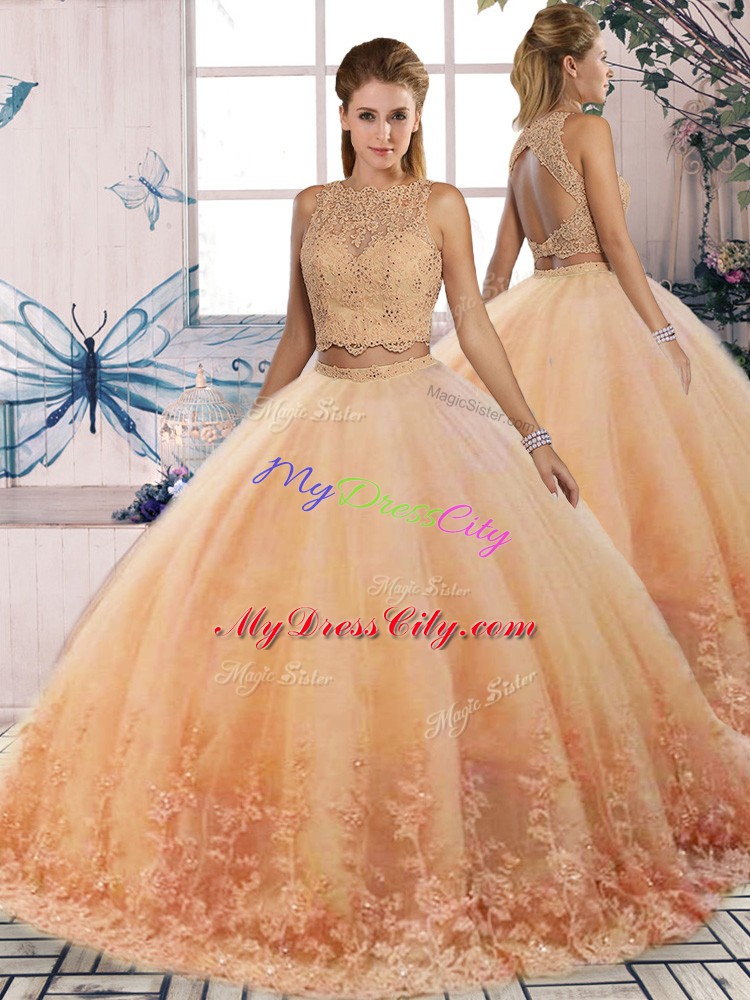 Glamorous Sleeveless Tulle Sweep Train Backless Vestidos de Quinceanera in Gold and Peach with Lace