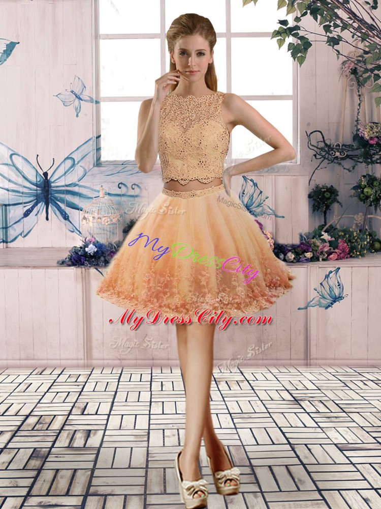 Glamorous Sleeveless Tulle Sweep Train Backless Vestidos de Quinceanera in Gold and Peach with Lace