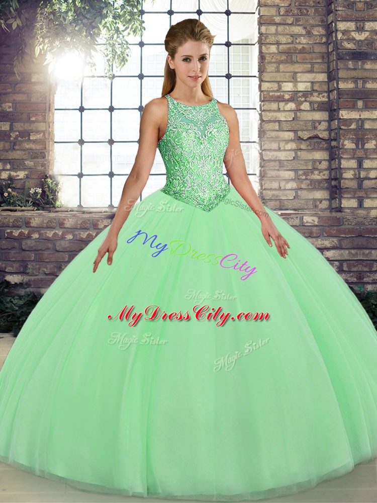 Floor Length Lace Up Sweet 16 Quinceanera Dress Green for Military Ball and Sweet 16 and Quinceanera with Embroidery