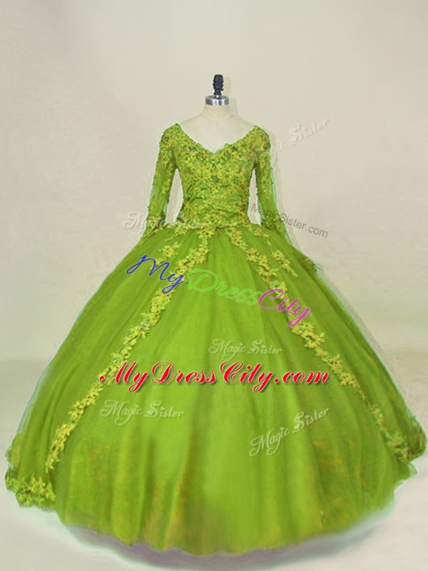 Olive Green Long Sleeves Lace and Appliques Side Zipper Quinceanera Dress