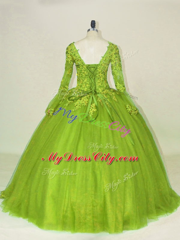 Olive Green Long Sleeves Lace and Appliques Side Zipper Quinceanera Dress