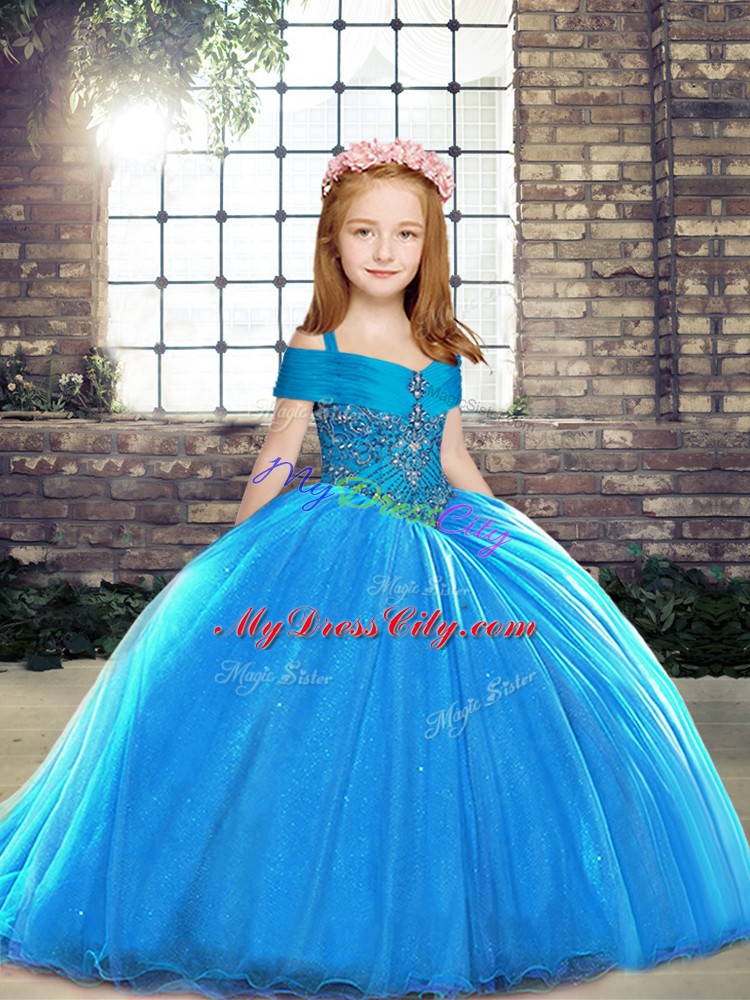 Lovely Baby Blue Little Girls Pageant Gowns Party and Sweet 16 and Wedding Party with Beading Straps Sleeveless Brush Train Lace Up