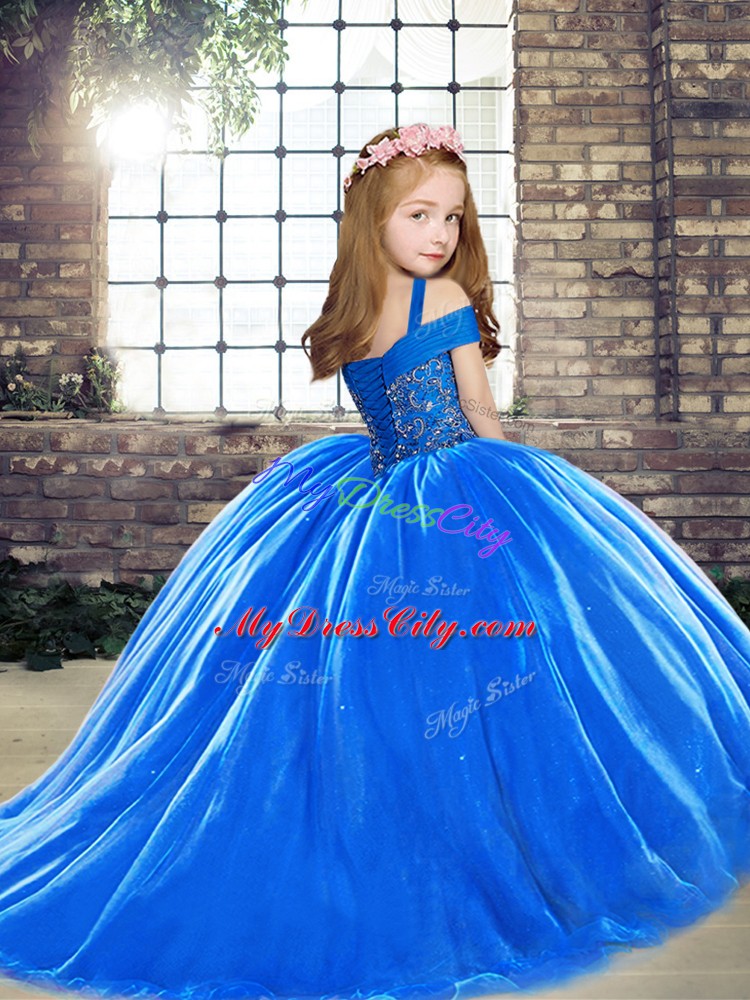 Lovely Baby Blue Little Girls Pageant Gowns Party and Sweet 16 and Wedding Party with Beading Straps Sleeveless Brush Train Lace Up