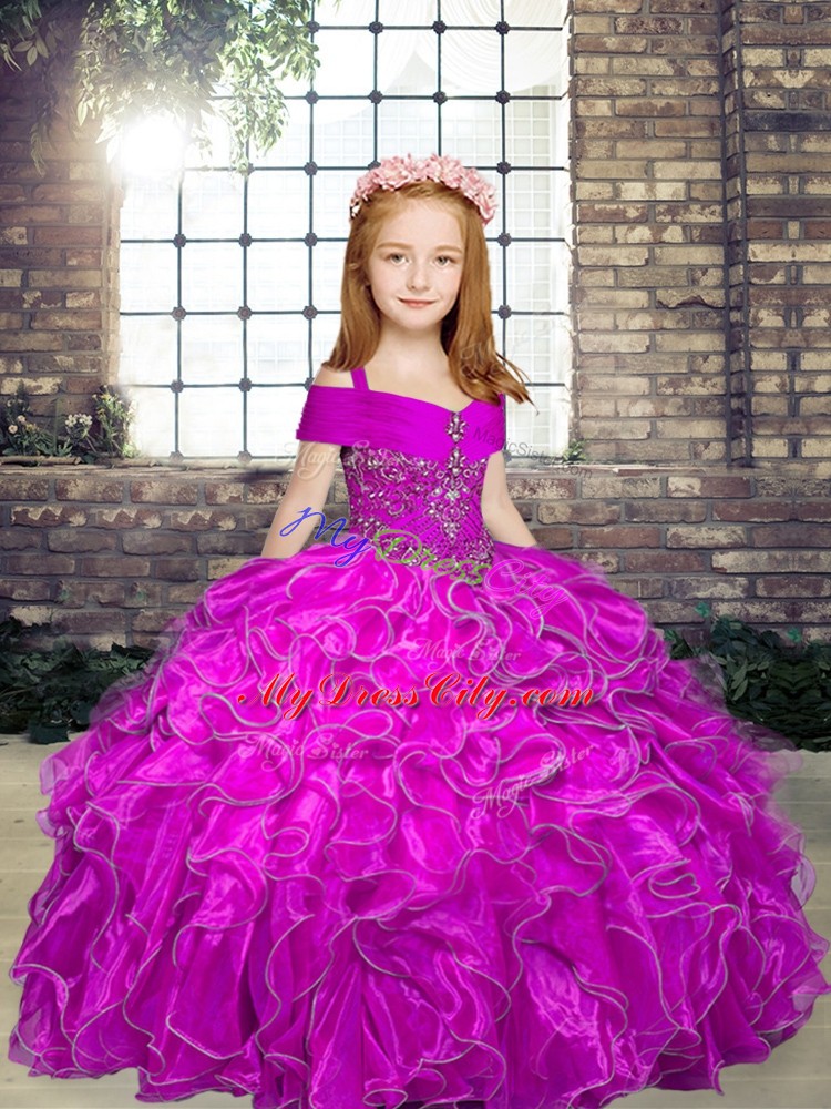 High End Fuchsia Custom Made Pageant Dress Party and Wedding Party with Beading and Ruffles Straps Sleeveless Lace Up